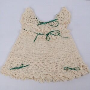 VTG Handmade Crochet Baby Dress Cream Green Ribbon Ruffle‎ Scalloped Hem 12M